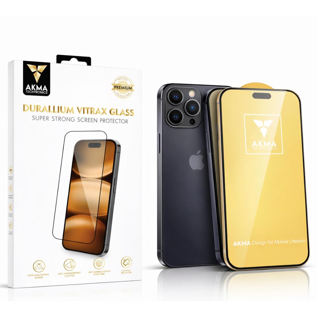 AKMA Durallium Vitrax SuperStrong Tempered Glass Screen Protector for iPhone 17 Pro | 9H Hardness, 15X Military Grade, 45KG Edge Resistance, 360° Ultra Toughness, 93% HD Clear, Anti-Fingerprint
