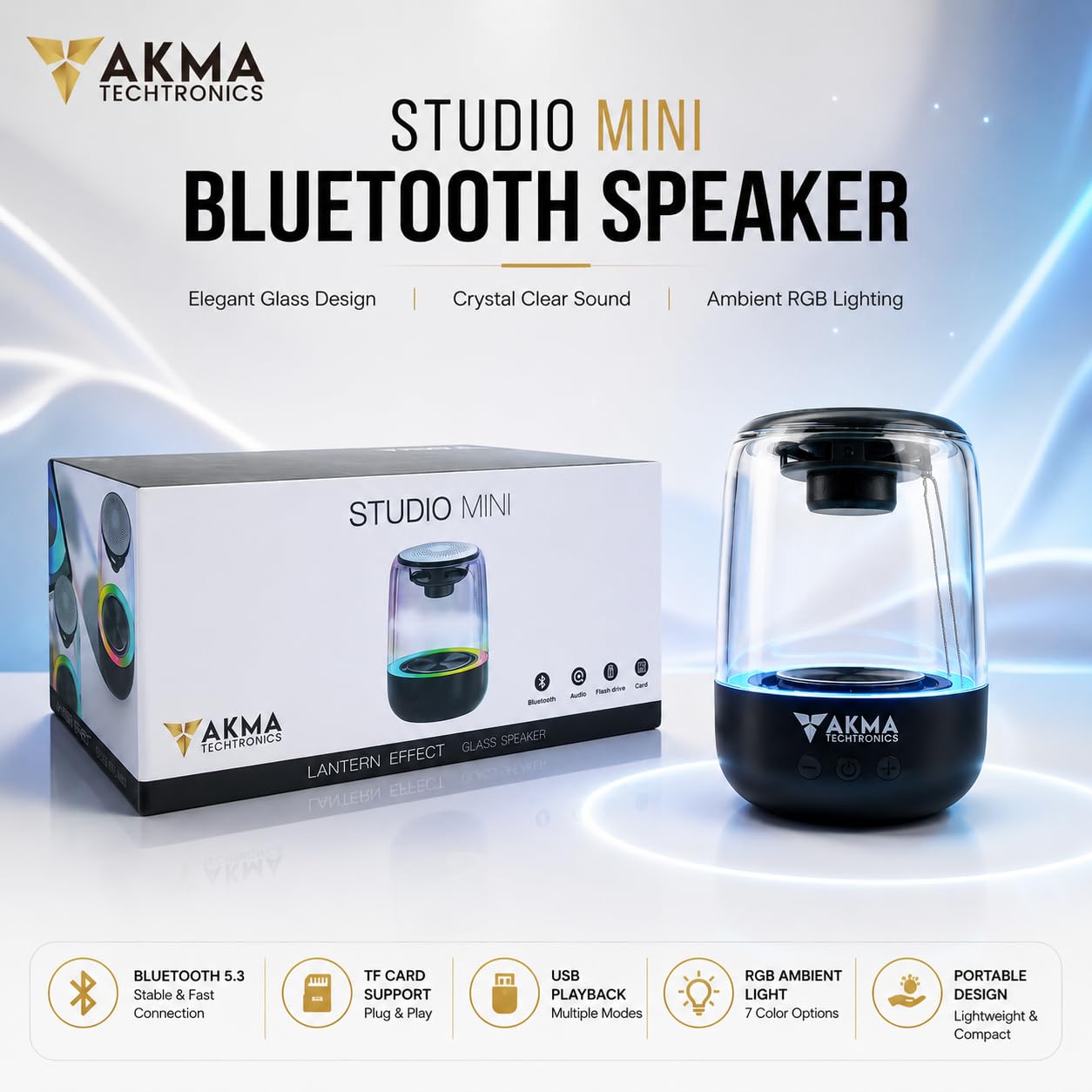 Studio Mini Portable Bluetooth Speaker - Transparent Wireless Speaker with Bluetooth 5.3, Powerful Bass, 360° Clear Sound & Ambient LED Lights, Built-in Mic, Supports TF Card & USB Flash Drive