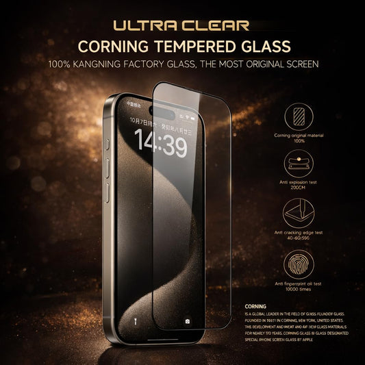 AKMA Corning Ultra Tempered Glass Screen Protector for iPhone 15 Pro Max – Original Corning Screen, 9H Hardness, Ultra HD Clear, 50 KG Pressure Resistant, Anti-Explosion, Anti-Scratch, Anti-Fingerprint, Bubble-Free