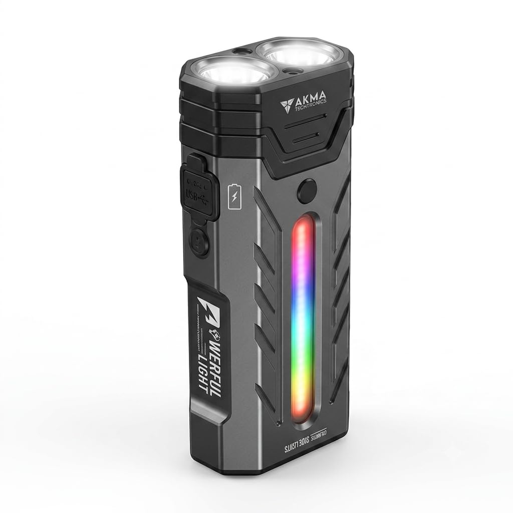 Powerful Tactical LED Flashlight 5200 Lumens, High Power Rechargeable Dual-Core LED Spot & Flood Light, 5600mAh Battery, RGB Ambient Side Light, Two-Way Pocket Clip & Strong Magnetic Base