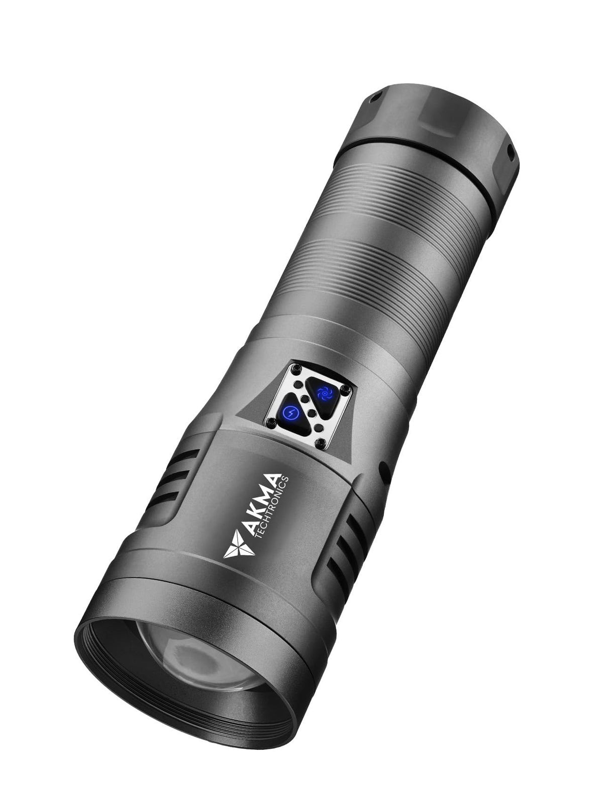 AKMA TECHTRONICS Rechargeable Quad-Core LED Torch Light with 32000mAh 46950 Battery, Detachable Handle, Type-C Charging & USB Power Bank for Outdoor Camping & Emergencies (Grey)