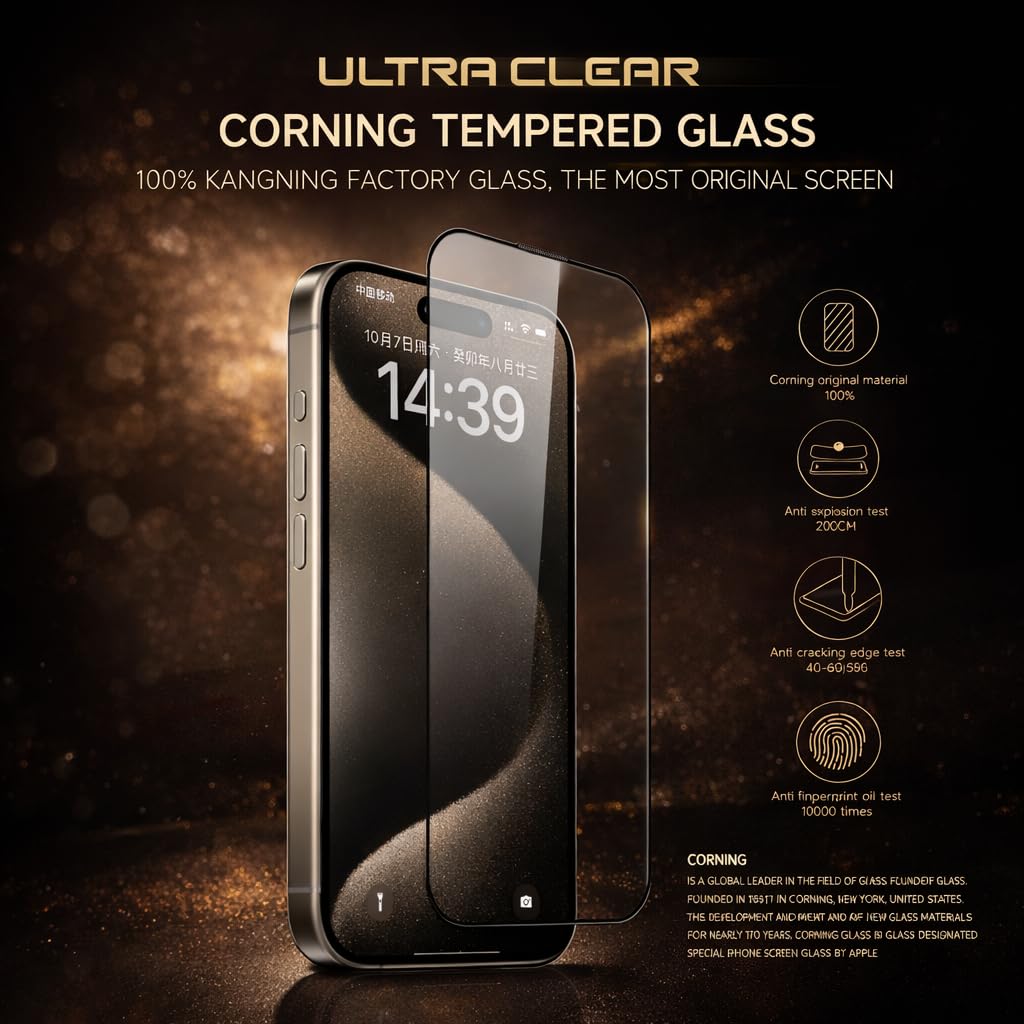 AKMA Corning Ultra Tempered Glass Screen Protector for iPhone 15 Pro Max – Original Corning Screen, 9H Hardness, Ultra HD Clear, 50 KG Pressure Resistant, Anti-Explosion, Anti-Scratch, Anti-Fingerprint, Bubble-Free