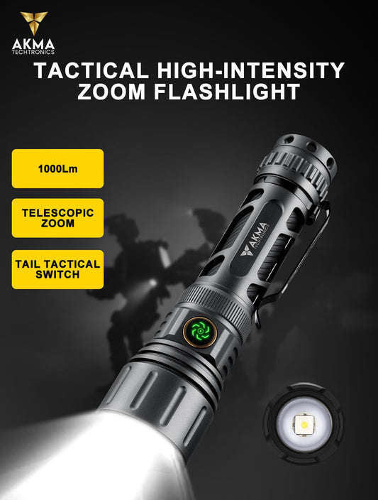 Powerful Tactical LED Flashlight 1000 Lumens, High-Power Waterproof Torch Light with 3rd Gen White Laser Emitter, Telescopic Zoom, 6 Modes & Type-C, Rechargeable Battery for Camping & Home Emergency
