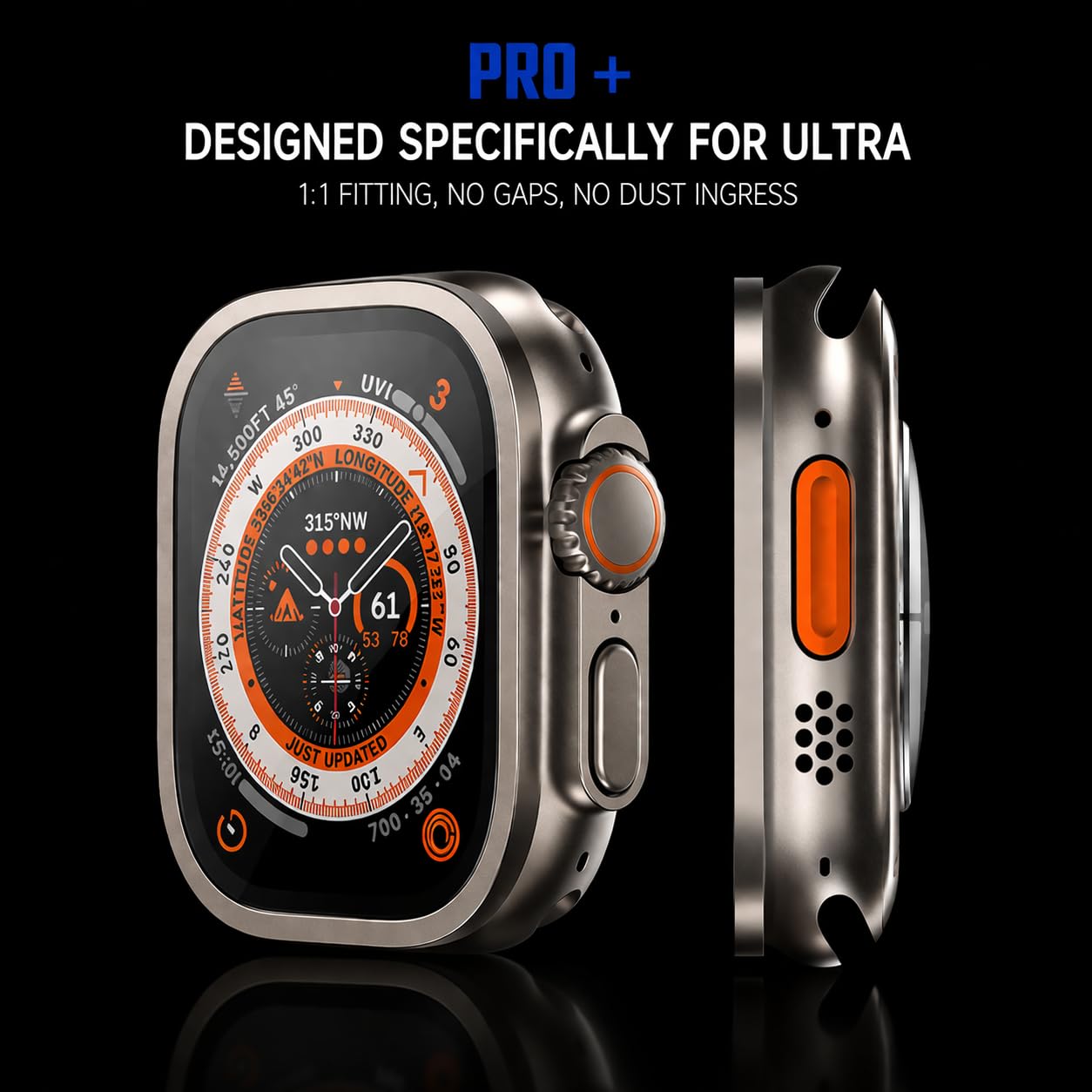 AKMA PRO+ 49MM Apple Ultra Watch 3/2/1 Tempered Glass Screen Protector (Metal border - ORANGE) – Aluminium Alloy Edge, 9H Hardness, Anti-Scratch, Ultra Clear HD, Sensitive Touch Technology, Easy Install - Silver