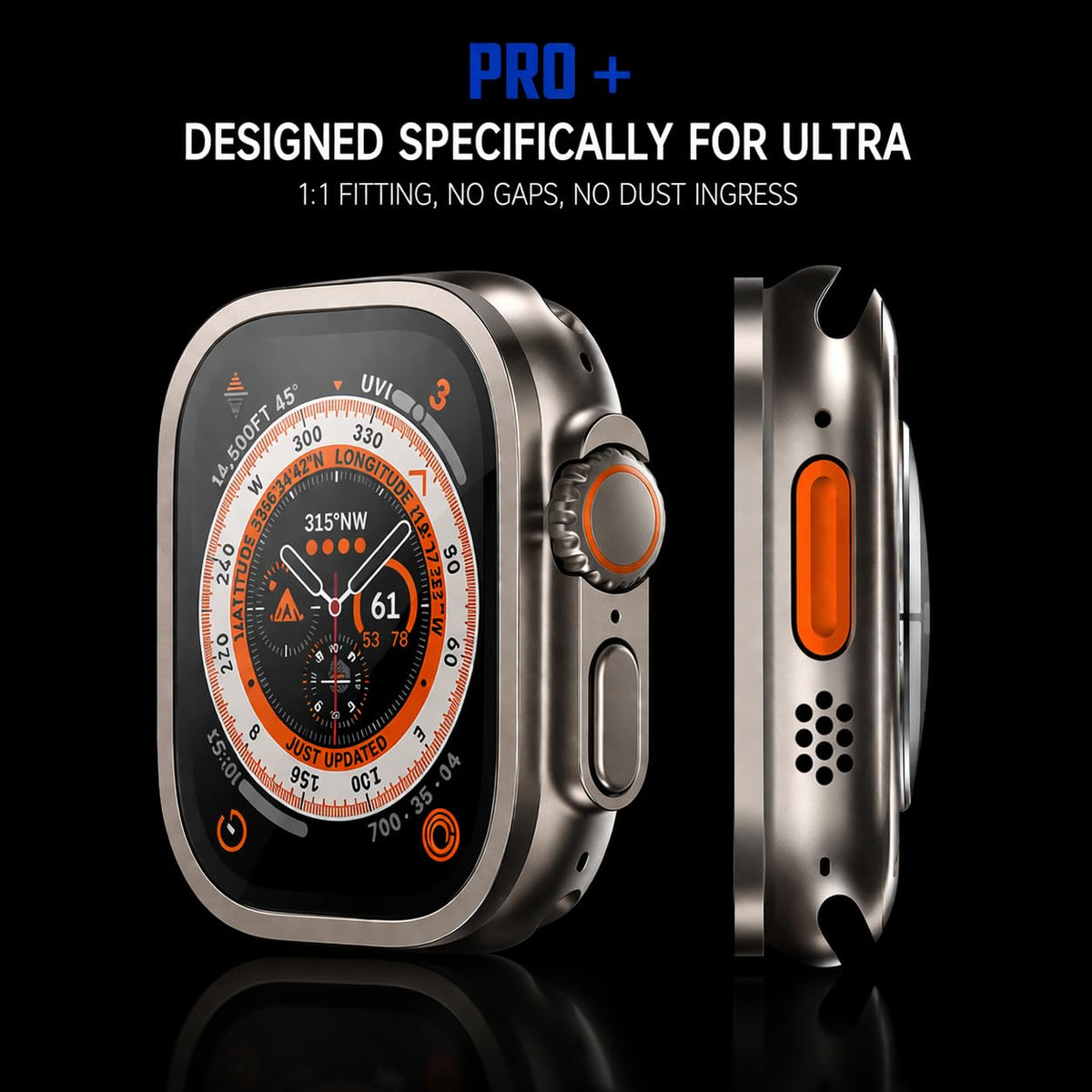 AKMA PRO+ 49MM Apple Ultra Watch 3/2/1 Tempered Glass Screen Protector (Metal border - ORANGE) – Aluminium Alloy Edge, 9H Hardness, Anti-Scratch, Ultra Clear HD, Sensitive Touch Technology, Easy Install - Silver