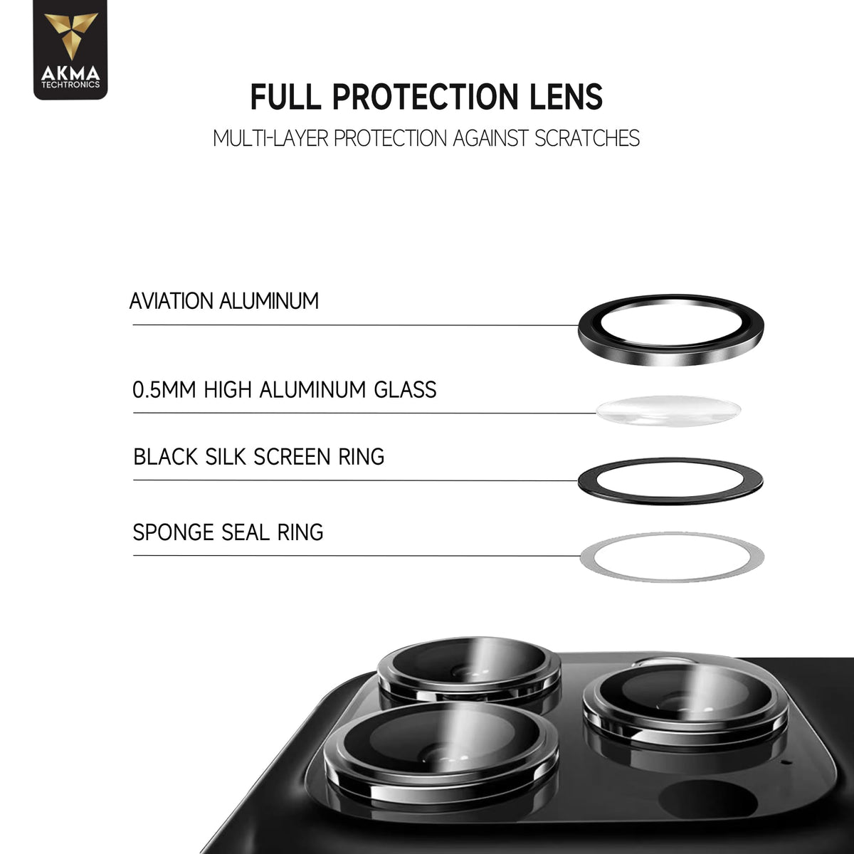 AKMA PVD Camera Lens Protector for iPhone – 9H Hardness Aviation Aluminum Armor Glass, HD Clarity, Case Friendly, Anti-Scratch & Easy Auto-Alignment Installation Kit (Black, iPhone 17) - Silver