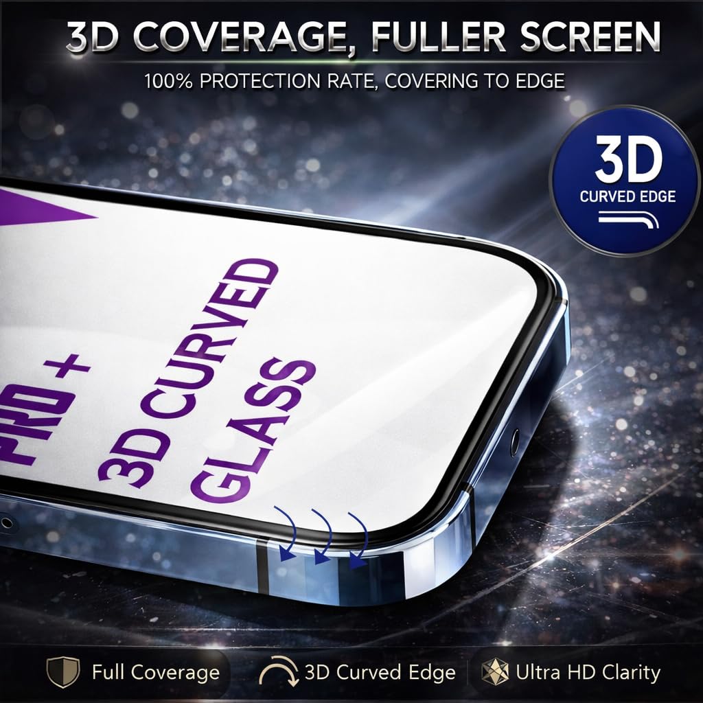 AKMA PRO+ 3D HD Curved Tempered Glass Screen Protector for iPhone 13 / 13 Pro / 14 – Ultra Strong, Full Coverage, Rounded 3D Corners, Explosion-Proof, Scratch Resistant, Anti-Fingerprint, 5-Layer Reinforced