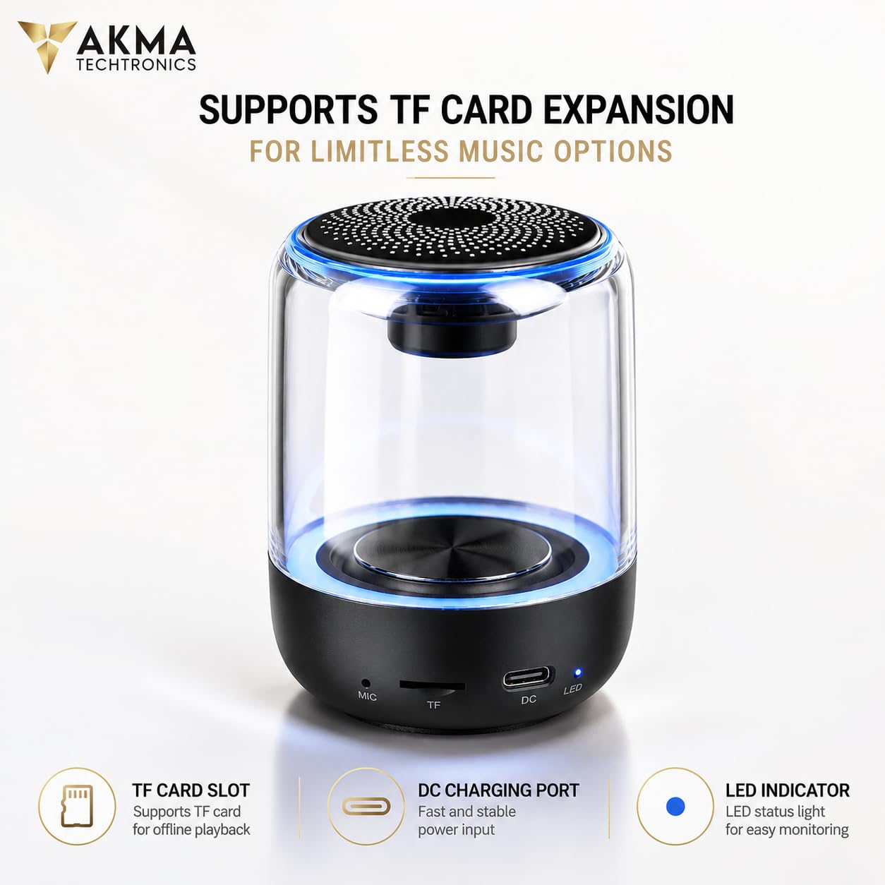 Studio Mini Portable Bluetooth Speaker - Transparent Wireless Speaker with Bluetooth 5.3, Powerful Bass, 360° Clear Sound & Ambient LED Lights, Built-in Mic, Supports TF Card & USB Flash Drive