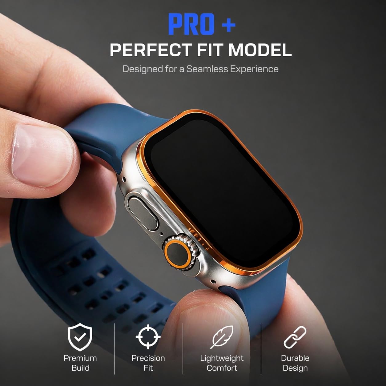 AKMA PRO+ 49MM Apple Ultra Watch 3/2/1 Tempered Glass Screen Protector (Metal border - ORANGE) – Aluminium Alloy Edge, 9H Hardness, Anti-Scratch, Ultra Clear HD, Sensitive Touch Technology, Easy Install - Silver