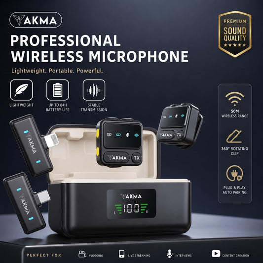 Wireless Collar Mic for iPhone & Android, Dual Channel Wireless Microphone with Charging Case, AI Noise Reduction, 30H Battery, 200m Range, Plug & Play Lapel Mic for Vlogging, Live Streaming - Default
