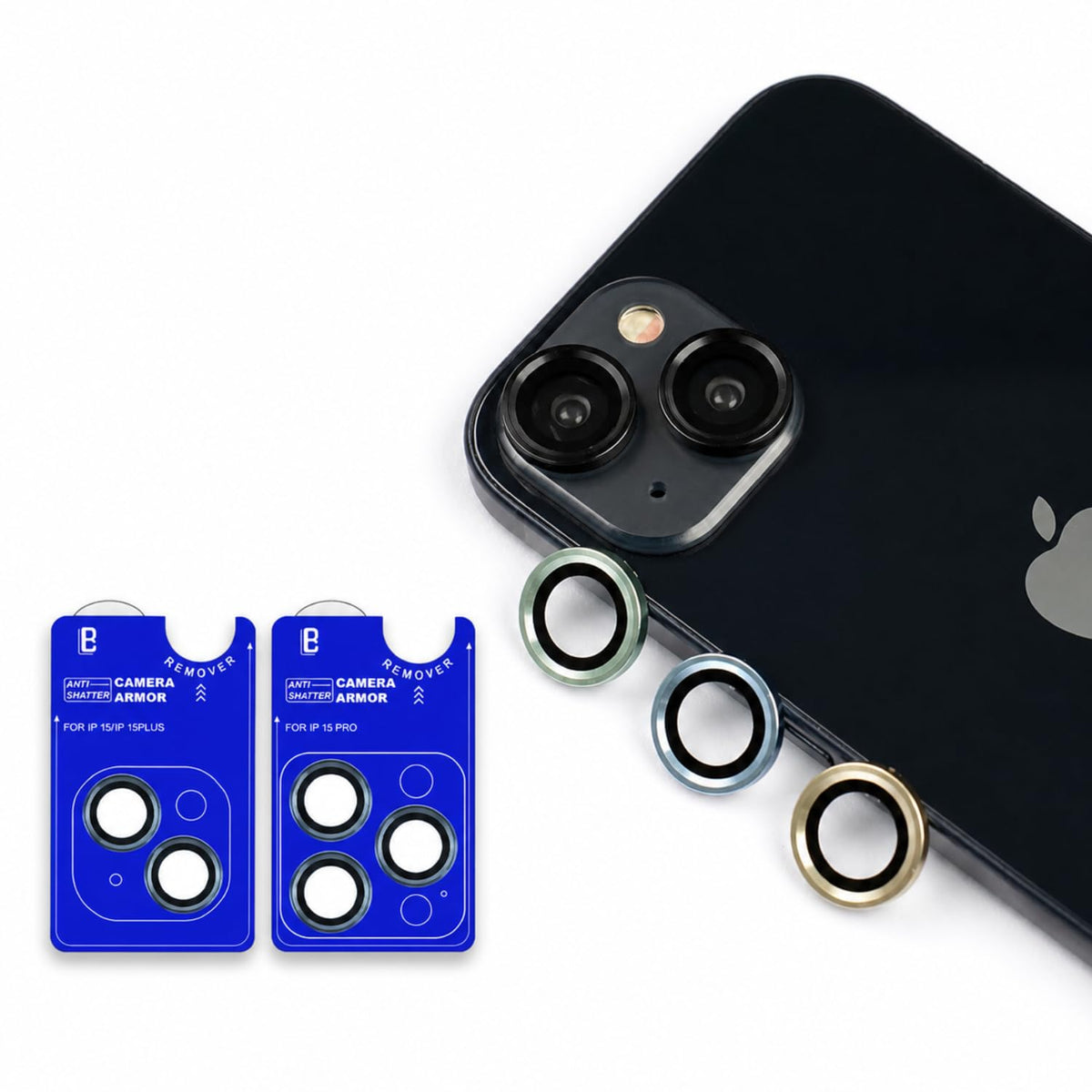 PRO+ Camera Lens Protector for iPhone 15/15 Plus / 15 Pro / 15 Pro Max | Anti-Shatter Aluminium Ring with 9H Hardness Glass | Case Friendly Individual Lens Armor (Black, iPhone 15/15 Plus) - Yellow