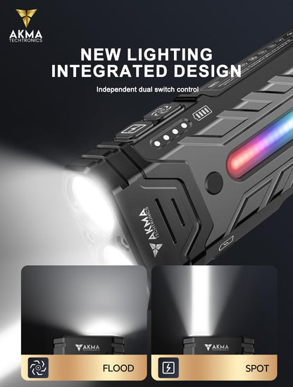 Powerful Tactical LED Flashlight 5200 Lumens, High Power Rechargeable Dual-Core LED Spot & Flood Light, 5600mAh Battery, RGB Ambient Side Light, Two-Way Pocket Clip & Strong Magnetic Base