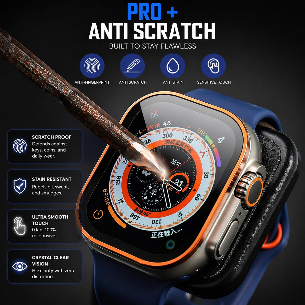 AKMA PRO+ 49MM Apple Ultra Watch 3/2/1 Tempered Glass Screen Protector (Metal border - ORANGE) – Aluminium Alloy Edge, 9H Hardness, Anti-Scratch, Ultra Clear HD, Sensitive Touch Technology, Easy Install - Silver