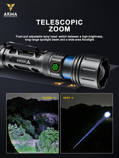 Powerful Tactical LED Flashlight 1000 Lumens, High-Power Waterproof Torch Light with 3rd Gen White Laser Emitter, Telescopic Zoom, 6 Modes & Type-C, Rechargeable Battery for Camping & Home Emergency