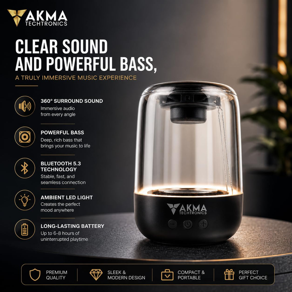 Studio Mini Portable Bluetooth Speaker - Transparent Wireless Speaker with Bluetooth 5.3, Powerful Bass, 360° Clear Sound & Ambient LED Lights, Built-in Mic, Supports TF Card & USB Flash Drive