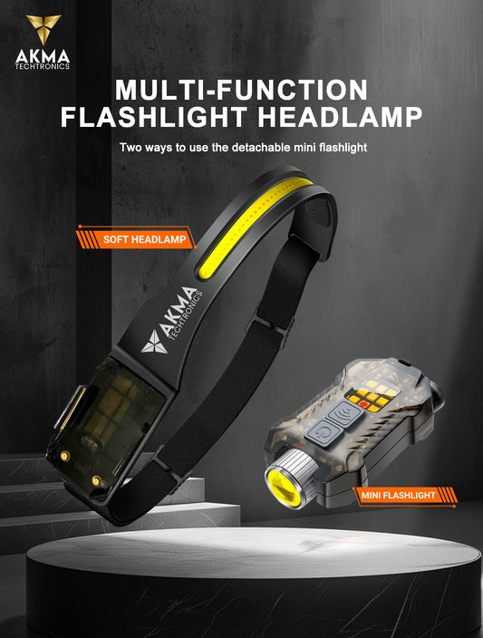 Multi-Function LED Headlamp & Detachable Mini Flashlight | 400 Lumens, 230° Wide Angle COB, XPE, SMD Light, 100m Range | 9 Modes, Motion Sensor, IP65 Waterproof, 1200mAh USB-C Rechargeable