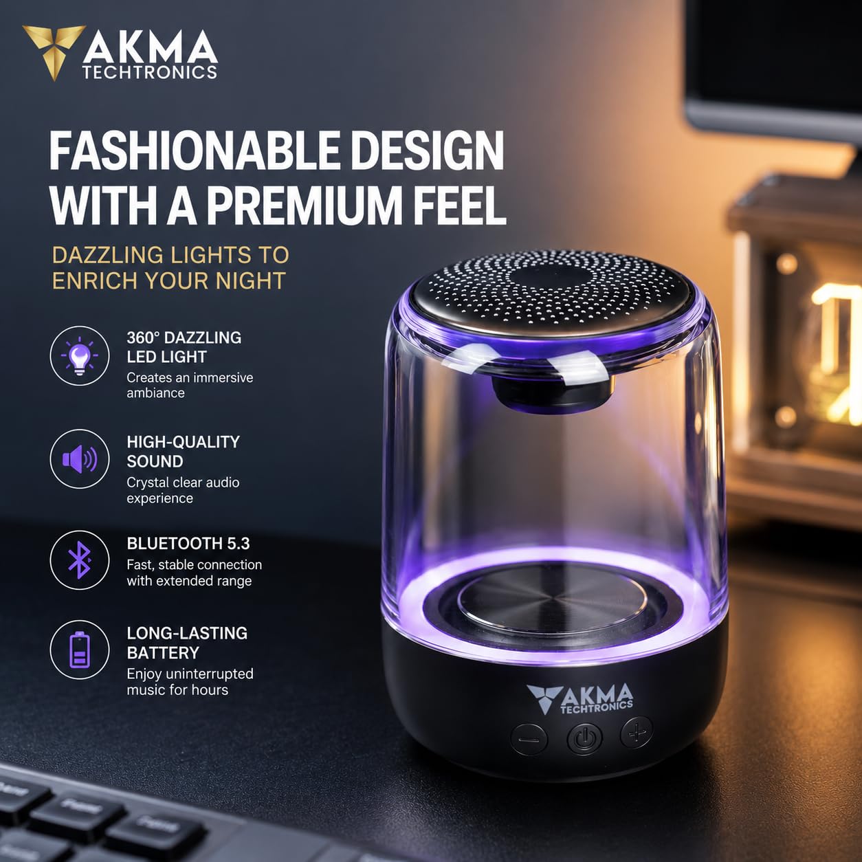 Studio Mini Portable Bluetooth Speaker - Transparent Wireless Speaker with Bluetooth 5.3, Powerful Bass, 360° Clear Sound & Ambient LED Lights, Built-in Mic, Supports TF Card & USB Flash Drive