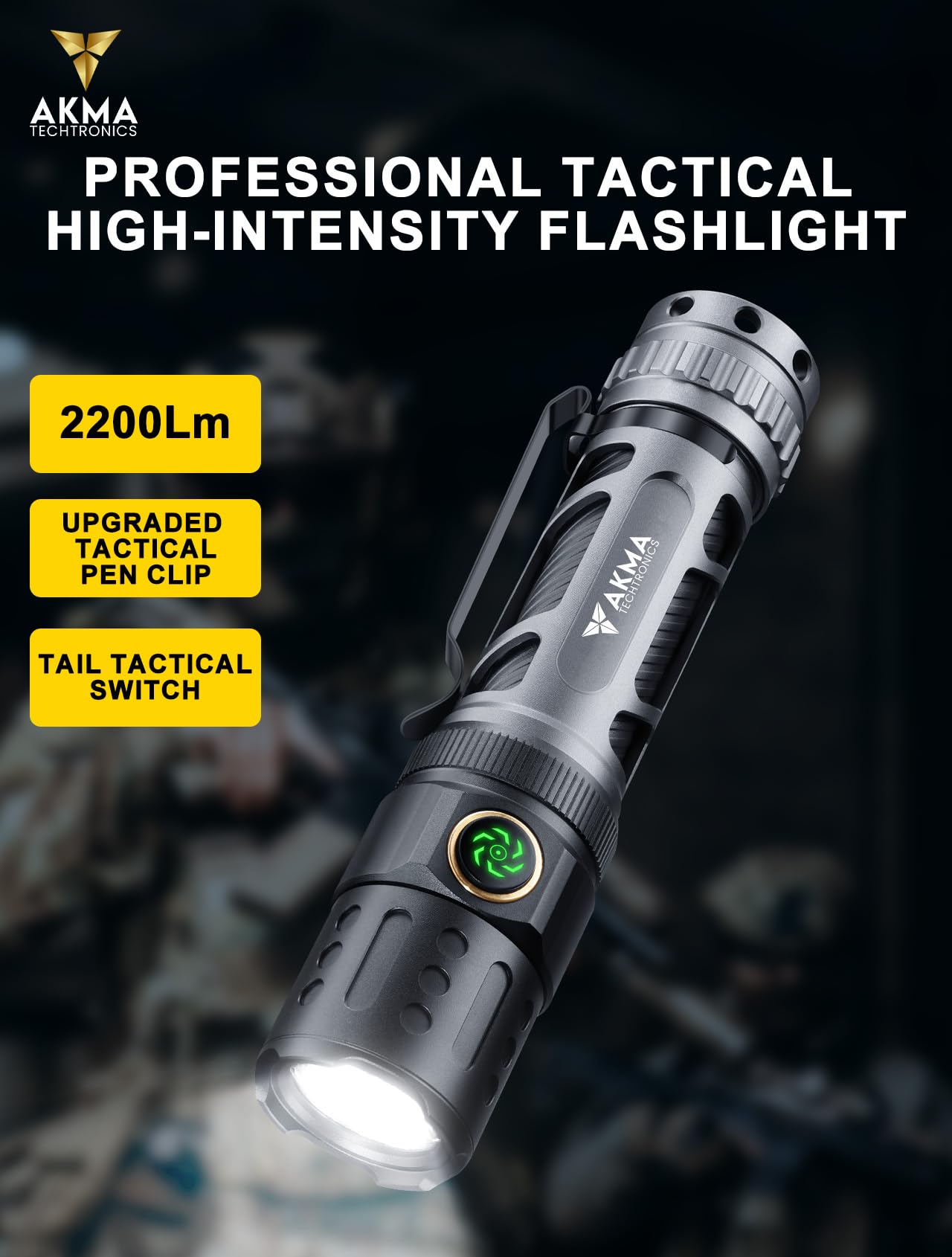 Rechargeable Tactical LED Flashlight 2200 Lumens Super Bright Torch Light with Dual Switch, 350M Beam Distance, Type-C Charging, 18650 Battery, Pocket Clip for Camping, Emergency & Outdoor Use