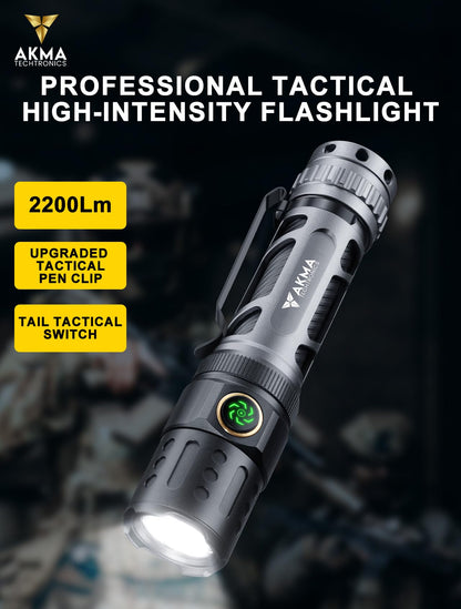 Rechargeable Tactical LED Flashlight 2200 Lumens Super Bright Torch Light with Dual Switch, 350M Beam Distance, Type-C Charging, 18650 Battery, Pocket Clip for Camping, Emergency & Outdoor Use