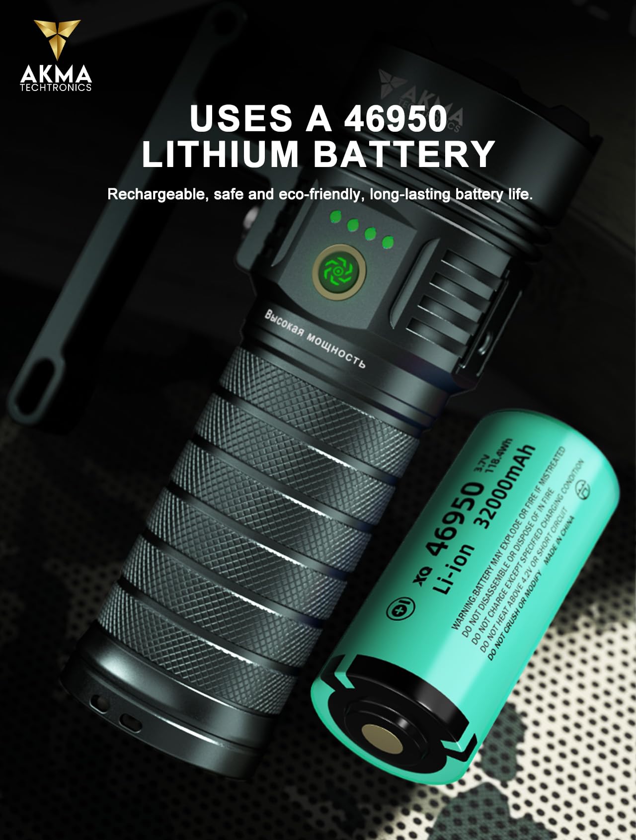 AKMA TECHTRONICS Rechargeable Quad-Core LED Torch Light with 32000mAh 46950 Battery, Detachable Handle, Type-C Charging & USB Power Bank for Outdoor Camping & Emergencies (Grey)