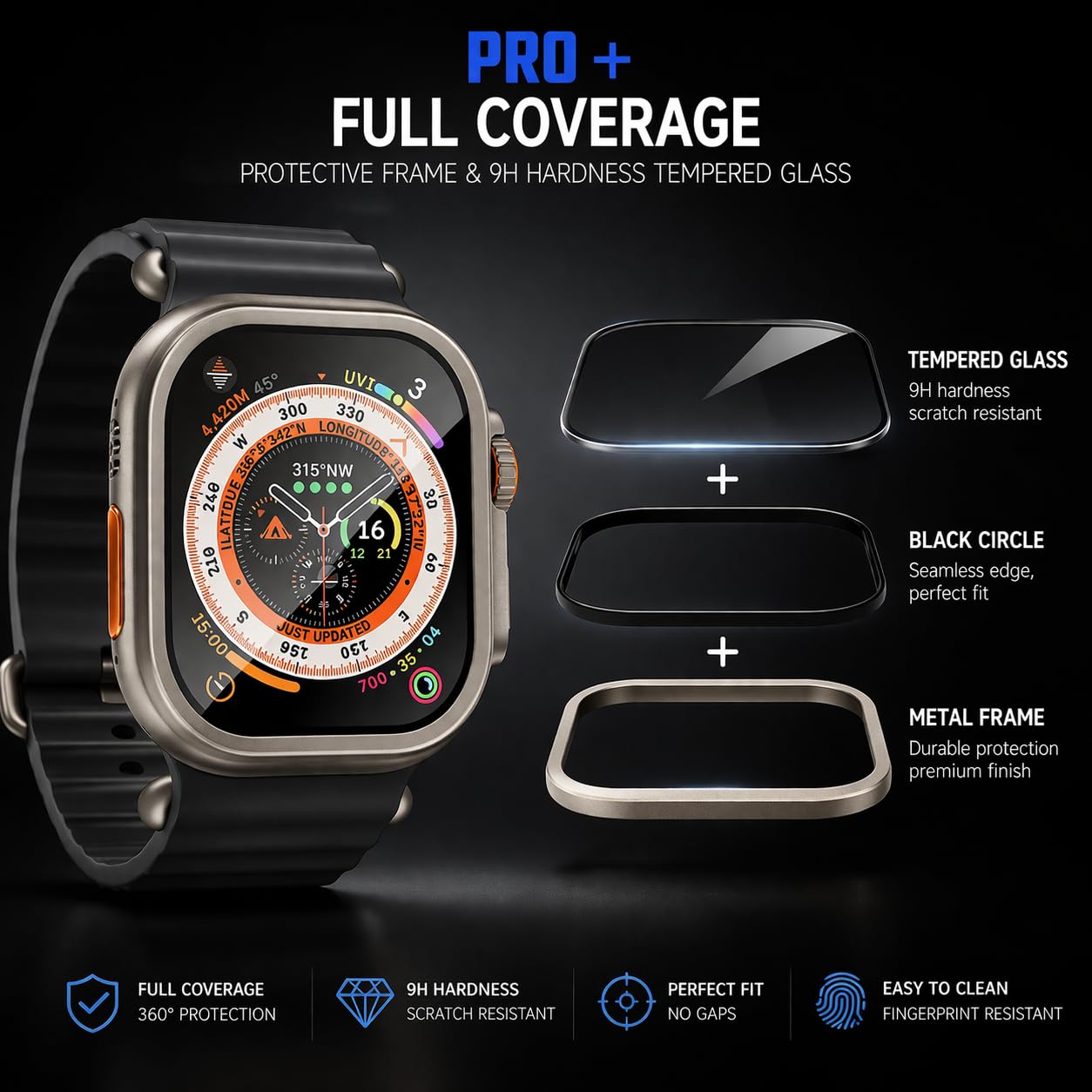AKMA PRO+ 49MM Apple Ultra Watch 3/2/1 Tempered Glass Screen Protector (Metal border - ORANGE) – Aluminium Alloy Edge, 9H Hardness, Anti-Scratch, Ultra Clear HD, Sensitive Touch Technology, Easy Install - Silver