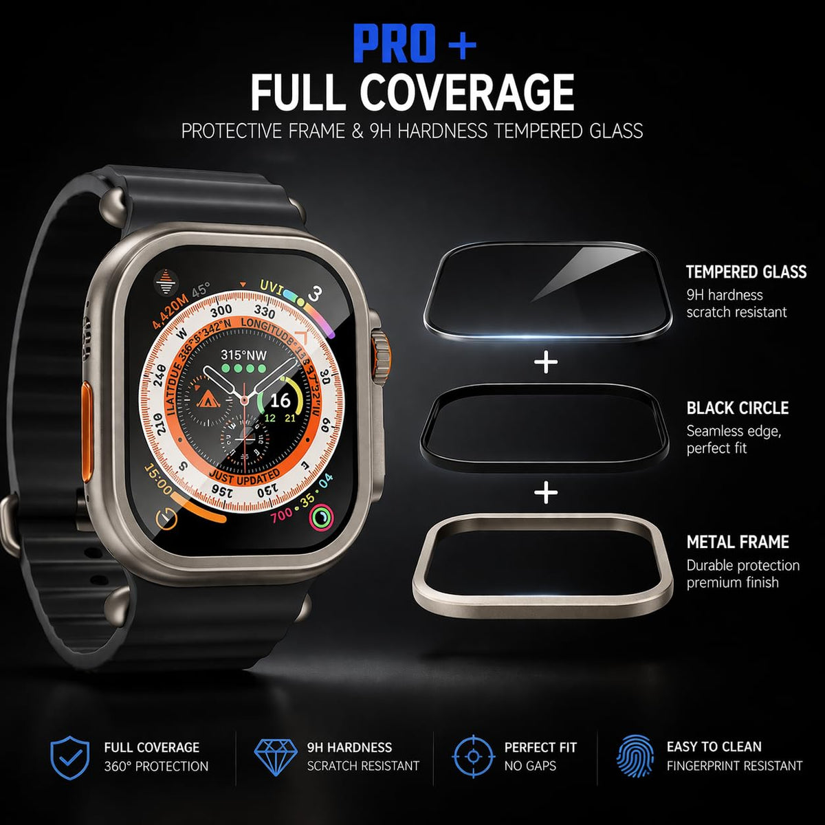AKMA PRO+ 49MM Apple Ultra Watch 3/2/1 Tempered Glass Screen Protector (Metal border - ORANGE) – Aluminium Alloy Edge, 9H Hardness, Anti-Scratch, Ultra Clear HD, Sensitive Touch Technology, Easy Install - Silver