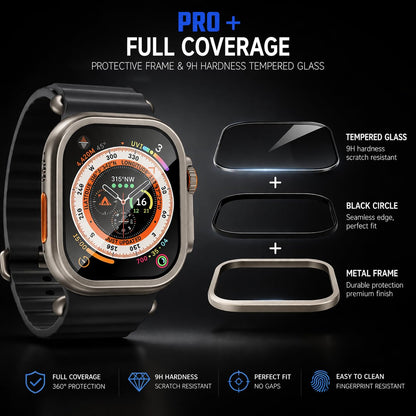 AKMA PRO+ 49MM Apple Ultra Watch 3/2/1 Tempered Glass Screen Protector (Metal border - ORANGE) – Aluminium Alloy Edge, 9H Hardness, Anti-Scratch, Ultra Clear HD, Sensitive Touch Technology, Easy Install - Silver