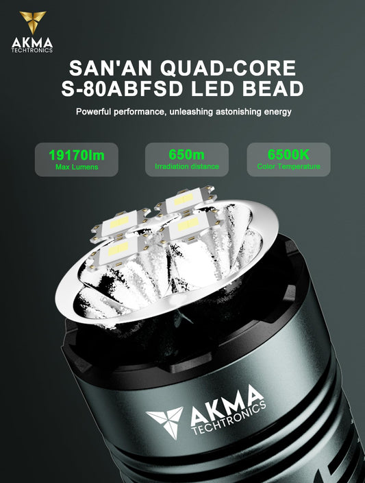 AKMA TECHTRONICS Rechargeable Quad-Core LED Torch Light with 32000mAh 46950 Battery, Detachable Handle, Type-C Charging & USB Power Bank for Outdoor Camping & Emergencies (Grey)