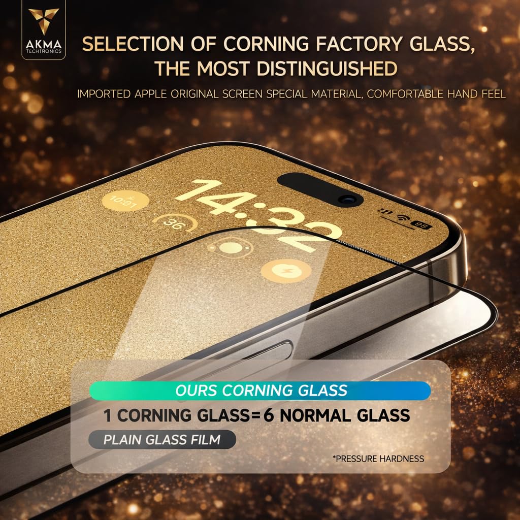 AKMA 100% Corning Glass Screen Protector for iPhone 17 Pro - Original Corning Material, 9H Hardness, 6X Stronger, Ultra HD Clear, Scratch & Explosion Resistance, Ultra Sensitive Touch