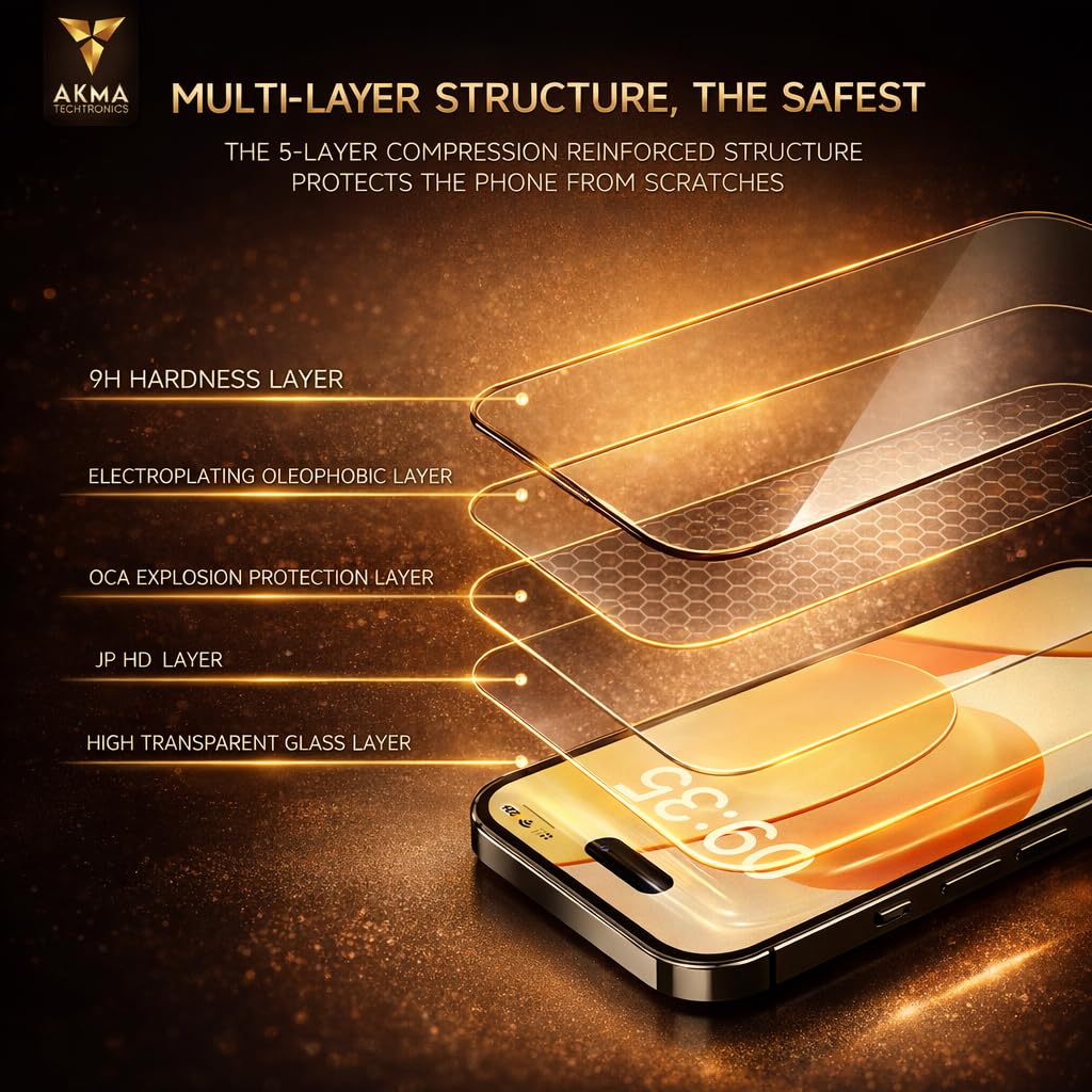 AKMA HD Dustproof Clear Glass Screen Protector for iPhone 16 Pro /17 – 9H Hardness, Ultra Clear Display, 92% Transparency, 9D Curved Edge, Full Coverage, Anti-Scratch, Smooth Touch Response