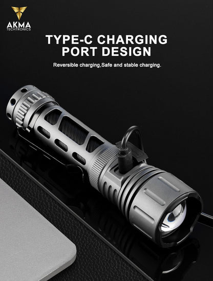 Powerful Tactical LED Flashlight 1000 Lumens, High-Power Waterproof Torch Light with 3rd Gen White Laser Emitter, Telescopic Zoom, 6 Modes & Type-C, Rechargeable Battery for Camping & Home Emergency