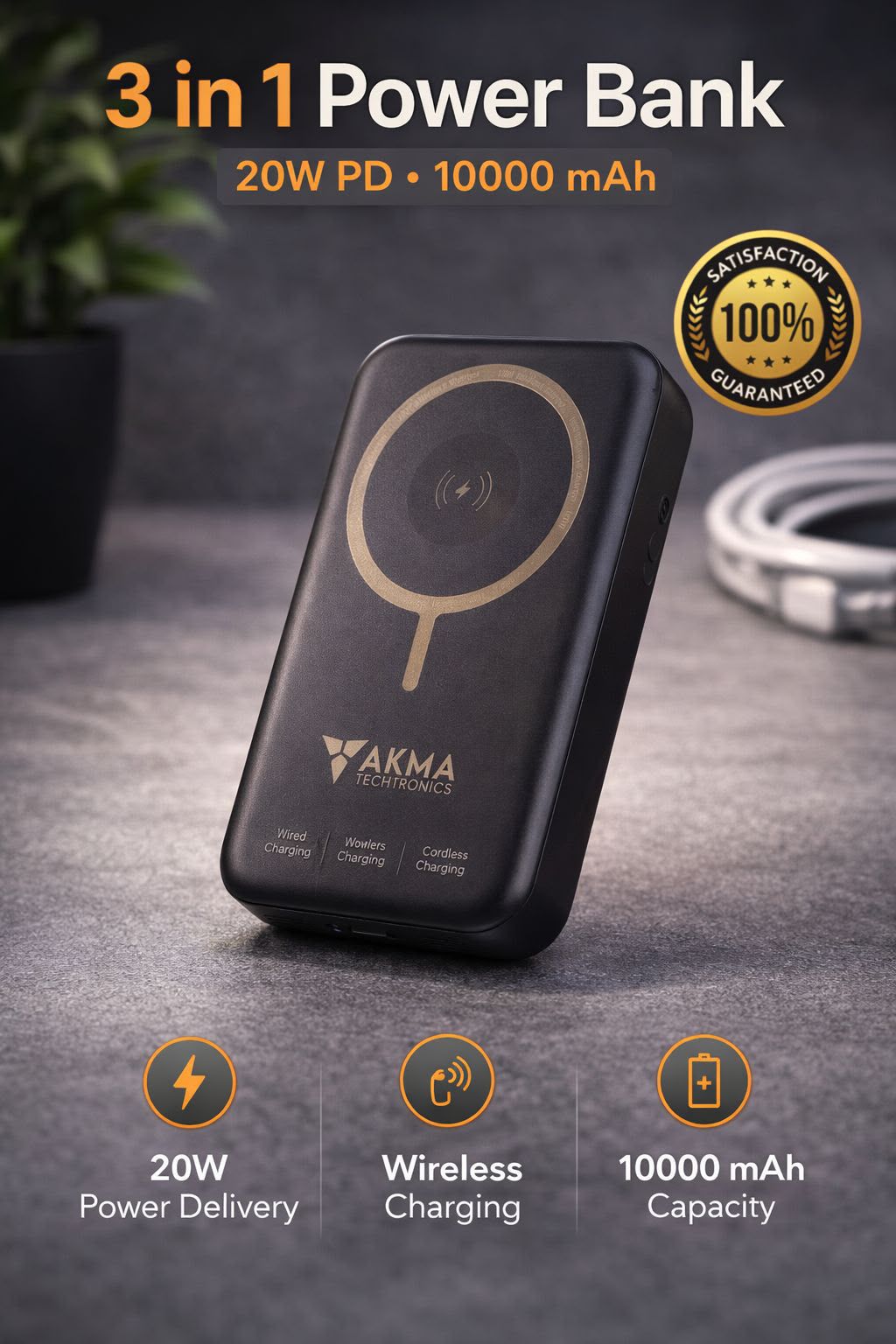 20W - 10000mAh 3 in 1 Wireless Powerbank